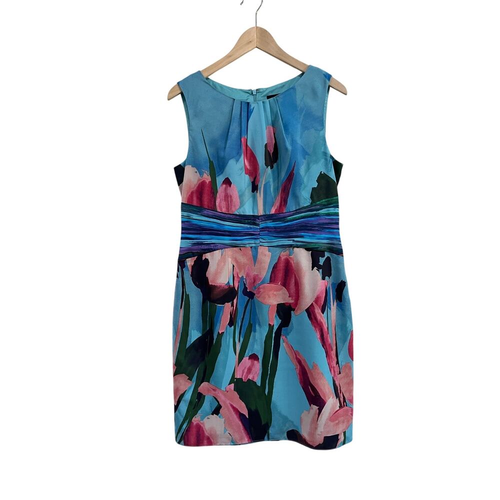 Adrianna Papell Blue Floral Sheath Cocktail Wedding Guest Dress Size 10